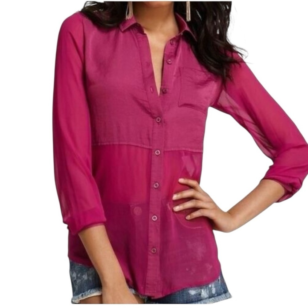 Free People Magenta Best of Both Worlds Button-Down 1/2 Sheer Shirt Size S #1664